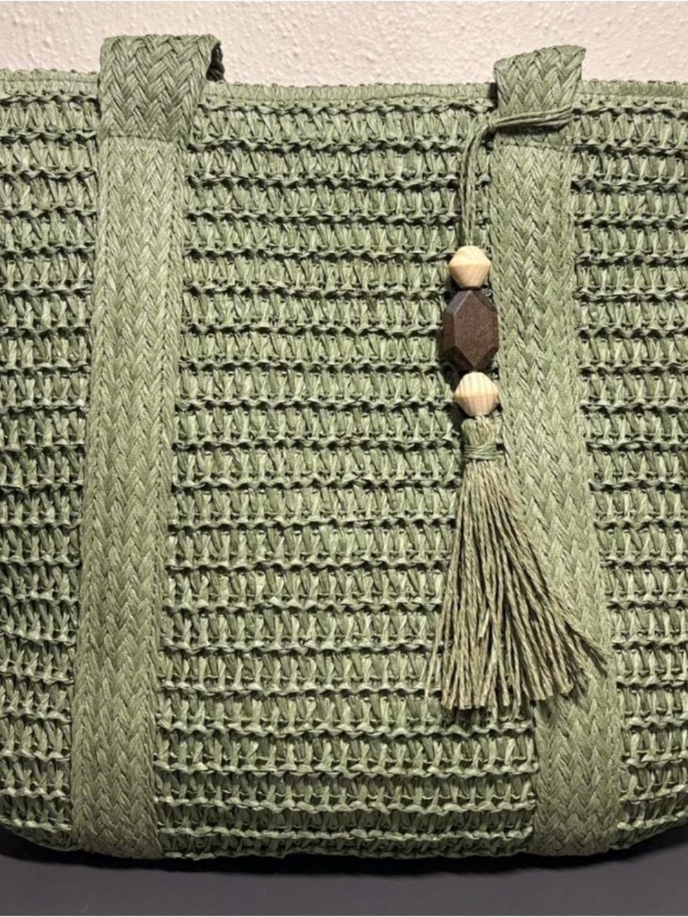 Olive Green Woven Tote with Tassel Accent